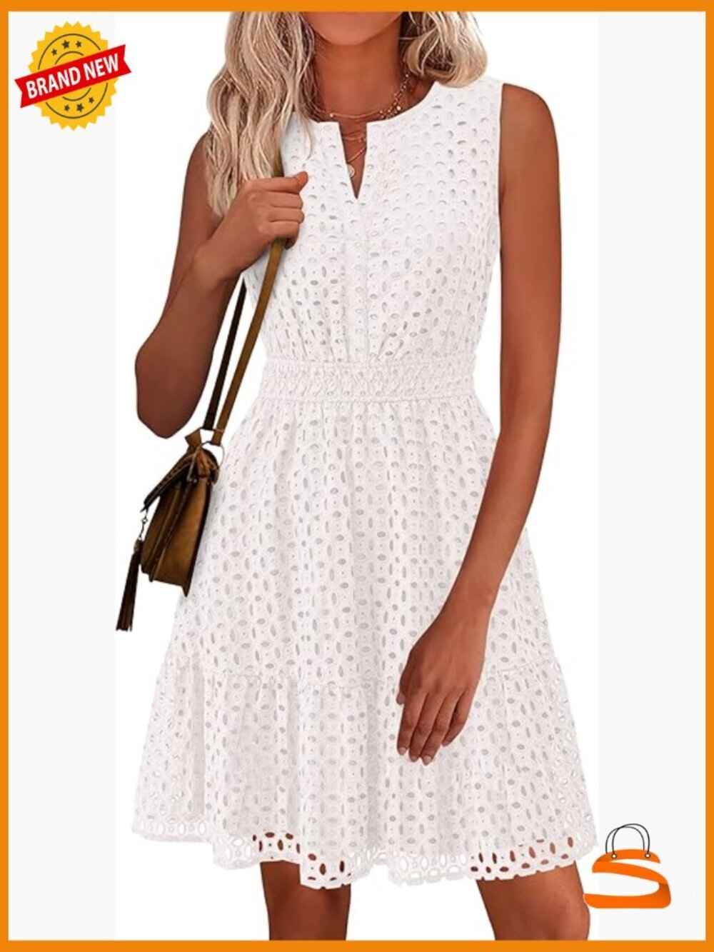 Sleeveless V Neck Eyelet Hollow Out Swing A Line Beach Vacation Dress